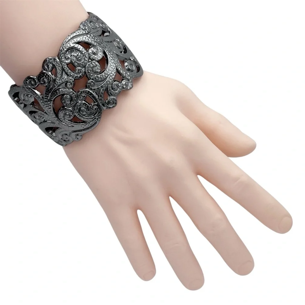 Gun Metal Grey Open Swirl Statement Hinged Bangle Bracelet
